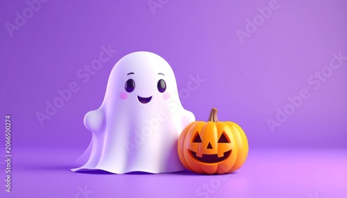 A cute ghost and a jack-o'-lantern sit side-by-side on a purple background.
