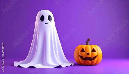 A cheerful ghost and a jack-o'-lantern sit side-by-side against a vibrant purple background.