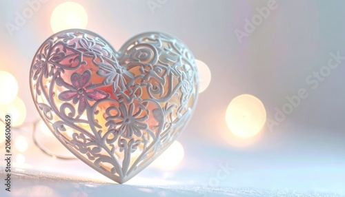A delicate white heart-shaped ornament with intricate floral cutouts is illuminated by warm, blurry string lights.