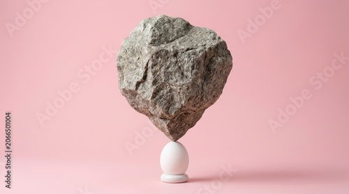 A large, gray rock delicately balances on a small, white ceramic egg. The rock’s rough texture contrasts with the smooth, pale surface of the egg.
