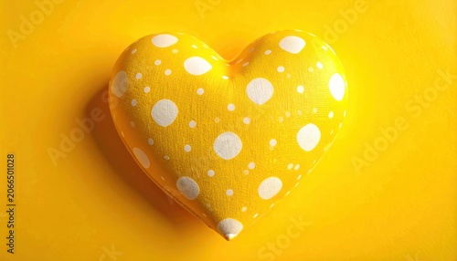 A bright yellow heart with white polka dots rests on a vibrant yellow background.