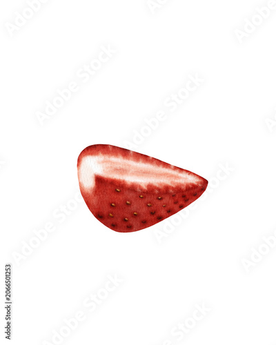 Hand painted watercolor strawberry slice isolated. for food packaging, menu design, recipe books, organic branding, kitchen decor, surface pattern design, textile prints, stationery, and botanical 