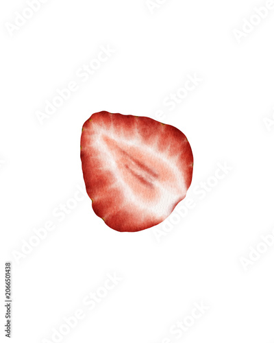 Hand painted watercolor strawberry slice isolated. for food packaging, menu design, recipe books, organic branding, kitchen decor, surface pattern design, textile prints, stationery, and botanical 