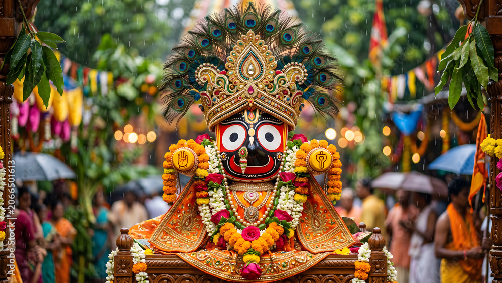 Fototapeta premium Lord Jagannath traditional wooden deity idol on decorated wooden chariot during Rath Yatra festival