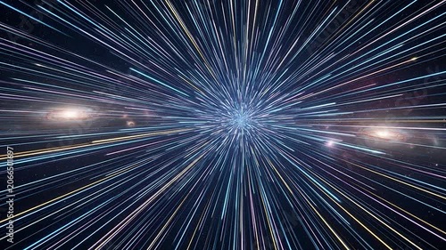 Abstract cosmic light trails burst from a central point in deep space