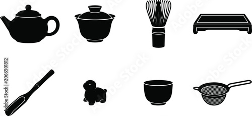 Coffee brewing equipment black silhouette icon set featuring moka pot portafilter grinder kettle and tamper