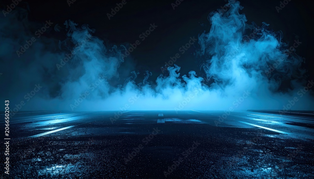 Obraz premium A dark, moody scene featuring a wet road illuminated by blue light and shrouded in mist.