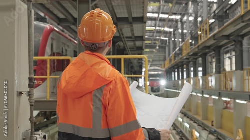 Construction worker meticulously examines blueprint at Train Depot amidst extensive industrial railway infrastructure and distant long-haul trains operating within busy depot environment.
