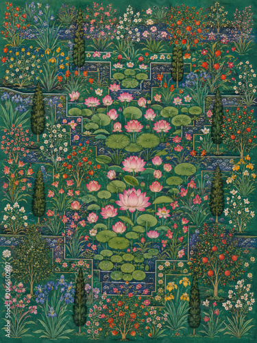 Traditional Mughal Lotus Garden Art Print, Flat Imperial Botanical Painting for Heritage Luxury Decor