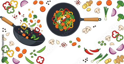 Canvas Print Vegetable Stir Fry Cooking Process with Wok Fresh Ingredients and Healthy Food V
