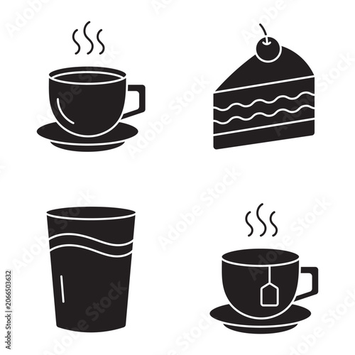 Coffee Tea Cake Water Solid Glyph Icon Set Food Drink Vector Collection