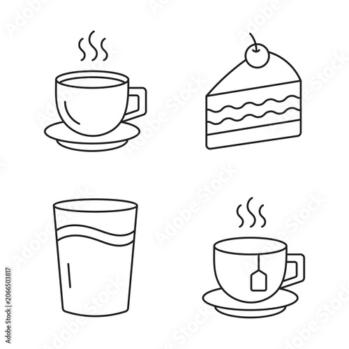 Coffee Tea Cake Water Line Icon Set Vector Food Drink Collection
