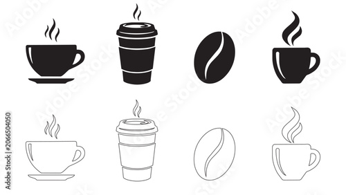 Coffee shop beverage icon collection showcasing cups and beans in dual style illustration.