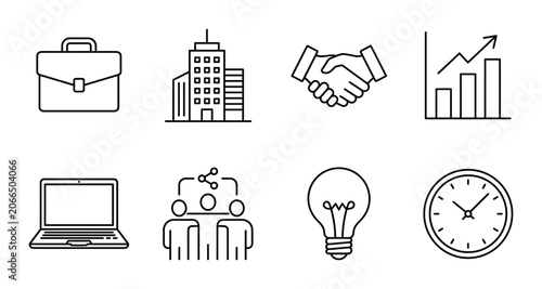 8 Business Icons linear icon set briefcase building handshake chart laptop people lightbulb clock, UI and web interface design