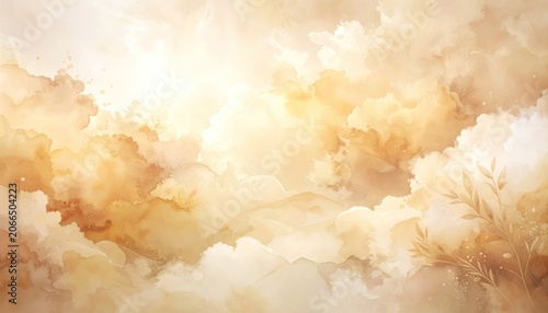 An ethereal watercolor depiction of warm, golden clouds and subtle botanical elements.