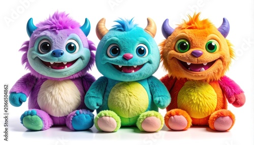Three colorful, smiling plush monsters with horns sit side-by-side against a white background.