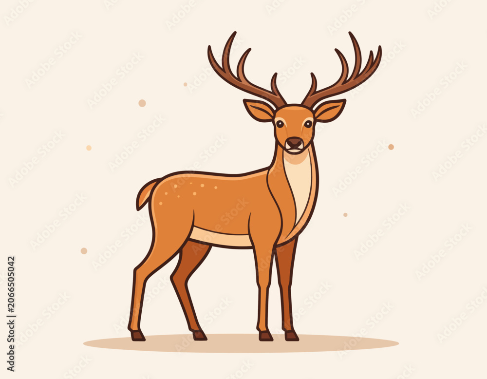 Fototapeta premium Cute cartoon deer illustration with large antlers standing gracefully.