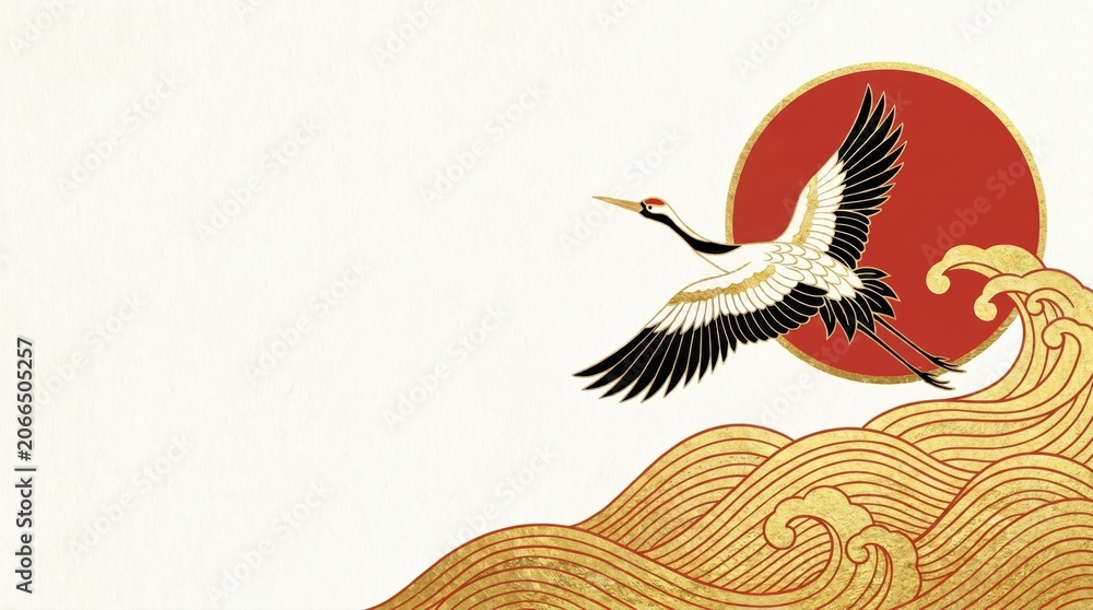 Fototapeta premium traditional japanese flying crane bird over golden waves and red sun. asian art background with copyspace. print design, greeting card, banner, website header.