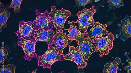 Microscopic image reveals a dense cluster of cells exhibiting complex cellular structures.