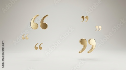 Several golden quotation marks float against a white background. The quotation marks are arranged in a dynamic, scattered pattern, creating a sense of movement and visual interest.