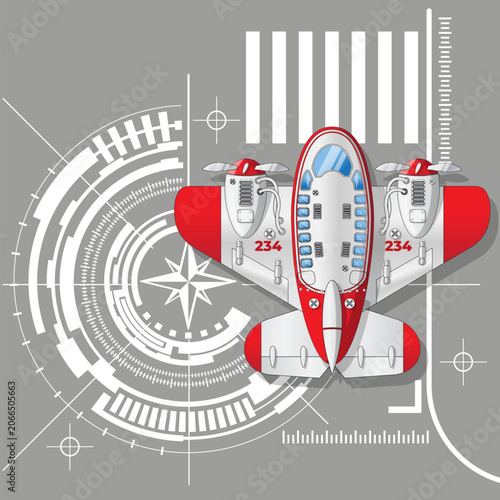 Passenger plane on a technological background. View from above. Isolated on white background. Vector illustration.