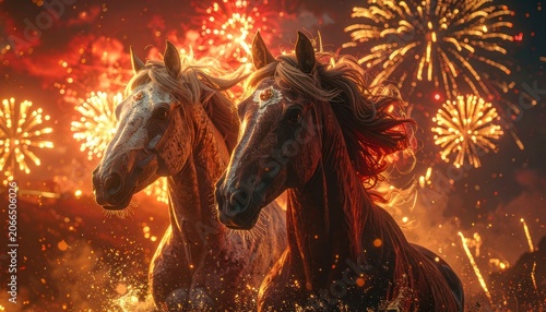Two majestic horses gallop through a vibrant display of fireworks.