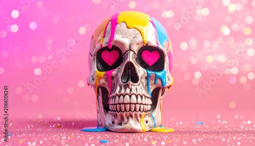 A skull decorated with dripping colorful paint and heart-shaped eyes on a pink glittery background.