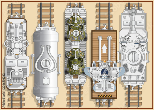 A set of military locomotives and wagons. View from above. On a colored background. Vector illustration.