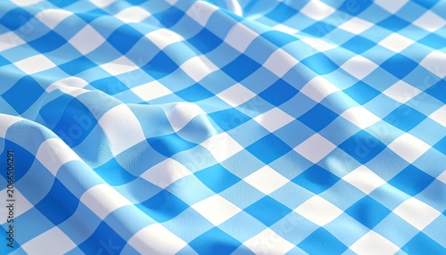 A close-up, undulating blue and white checkered pattern on fabric.
