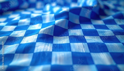 A close-up, abstract view of a blue and white checkered fabric with soft focus.