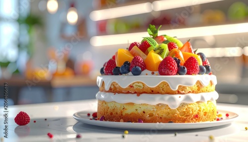 A delicious two-tiered cake adorned with an abundance of fresh fruits and topped with whipped cream.