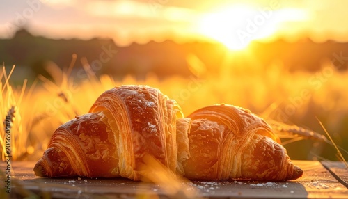 Golden croissants with wheat stalks at sunset, illuminated by the warm glow of the setting sun.