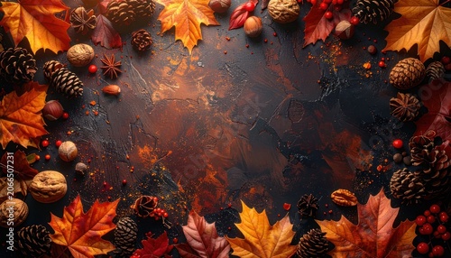 A rich, textured arrangement of fall elements like maple leaves, pinecones, nuts, and berries adorns a dark, moody background.