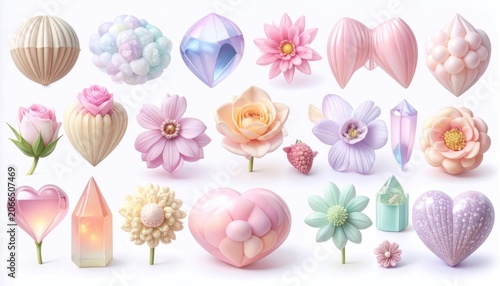 A collection of whimsical and pastel-colored decorative objects, including flowers, hearts, and crystals, arranged on a white background.