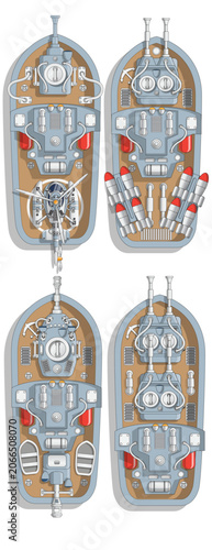 A set of warships. View from above. Isolated on white background. Vector illustration.
