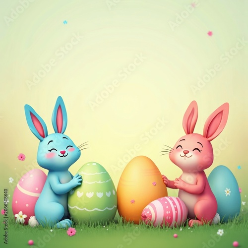 Cute Cartoon Bunnies with Colorful Easter Eggs in a Cheerful Spring Setting