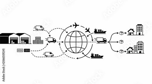 A flowchart illustrating global shipping and delivery process with various vehicles