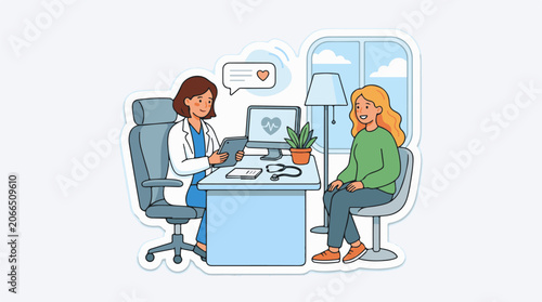 A female doctor and patient consult in a clinic office