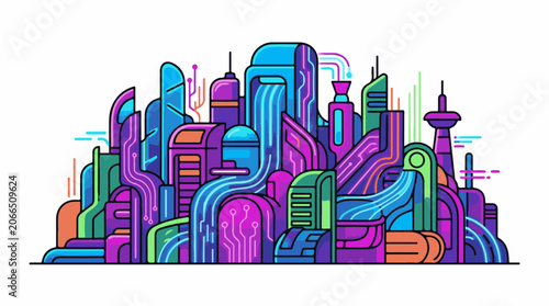 A futuristic cityscape with neon-colored buildings
