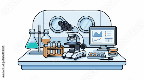 A laboratory workstation with a microscope, computer, and various scientific equipment