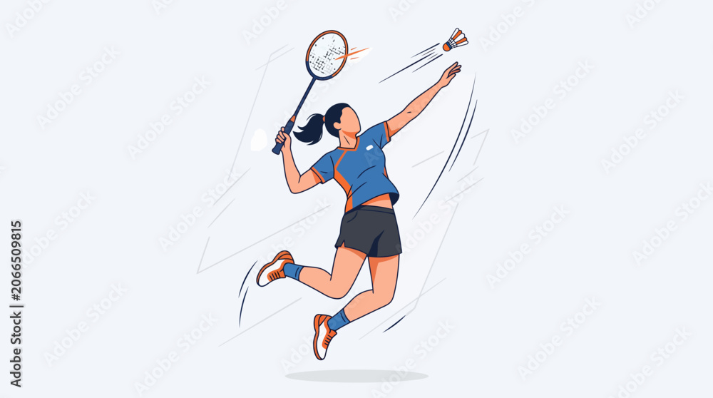 Fototapeta premium badminton player in a blue and orange uniform jumps to hit a shuttlecock with her racket, captured in a dynamic motion on a plain white background.