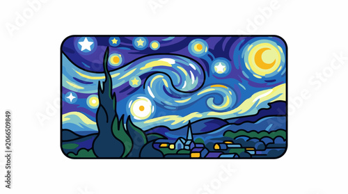 A stylized depiction of a swirling night sky over a quaint village