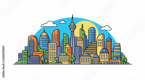 A sunny cityscape with colorful buildings and trees