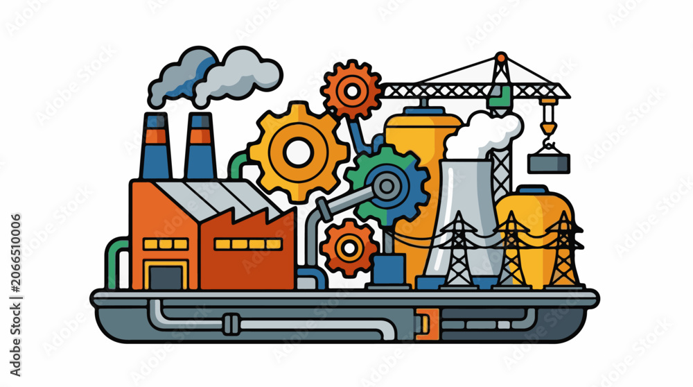 Naklejka premium A colorful industrial scene with a factory, smokestacks, gears, crane, and power lines