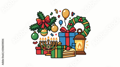Colorful cartoon image of holiday decorations and gifts