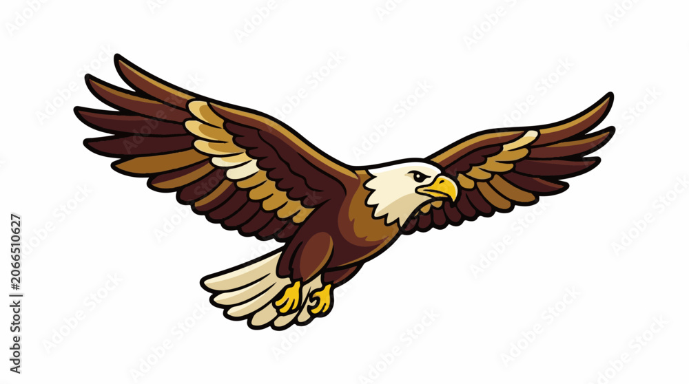 Fototapeta premium A cartoon eagle with brown and white feathers flies right with wings spread
