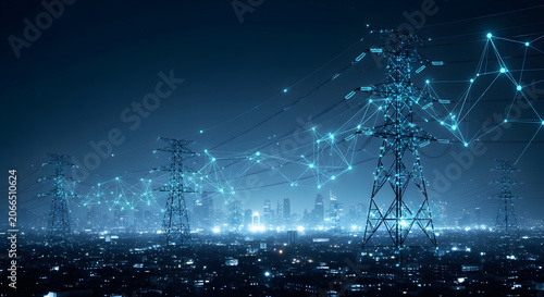 High voltage electricity pylons and power lines over a glowing city skyline at night