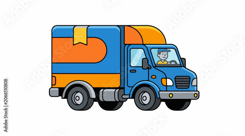 A blue and orange delivery truck with a smiling driver