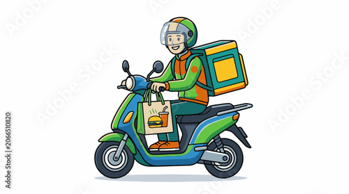 A cartoon delivery person riding a scooter with a food bag