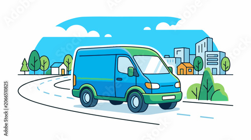A blue van drives on a curved road through a suburban area with trees and buildings